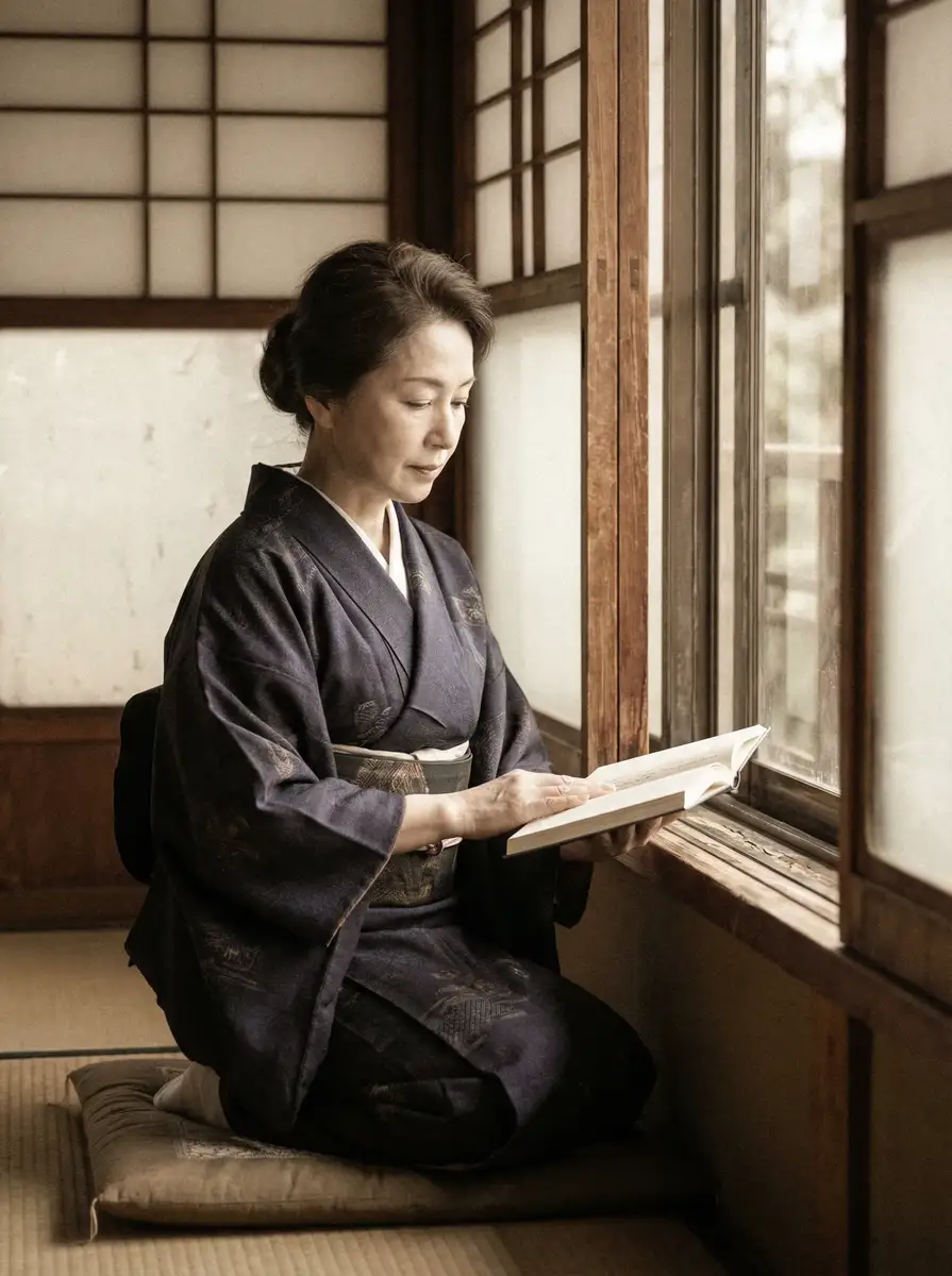 一位优雅的五十岁 四虎视频 身穿深蓝色和服，在窗边静读